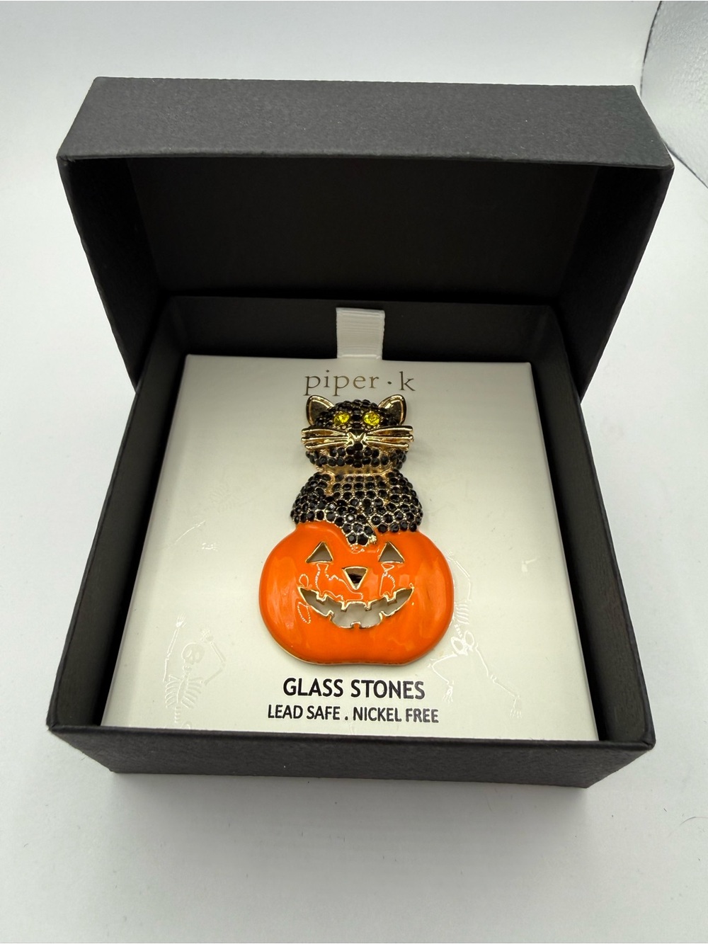 NWT Piper K Halloween Black Cat Pumpkin Brooch Pin Glass Stones